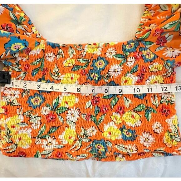 Zara Womens Balloon Sleeve Crop Top Flounce shirt Sz L Orange Floral Boho Fun - Picture 9 of 12